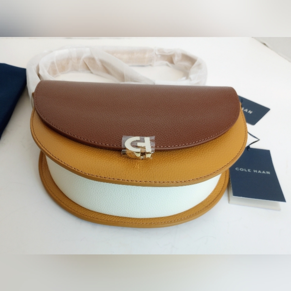 NWT Cole Haan Pebbled Leather Tri-Color Flap Crossbody Evie Saddle Bag - Picture 9 of 16